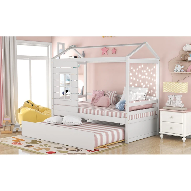 Twin Pine House Bed with Trundle, Guardrail, and Window