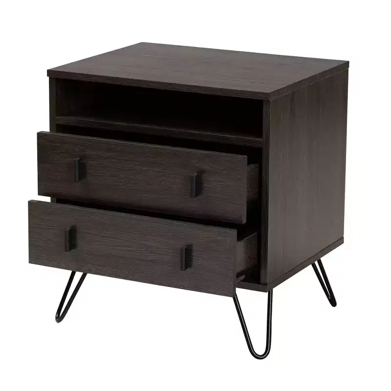 Glover Wood and Metal 2 Drawer Nightstand Brown/Black - Baxton Studio: Modern Bedside Furniture with Open Shelf