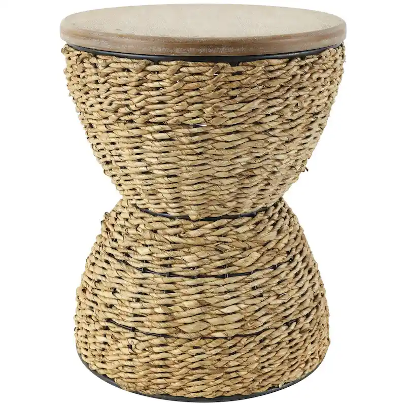 Rattan Handmade Woven Side End Accent Table with Wood Tabletop and Black Frame - Light Brown or Brown - Roche River Decor