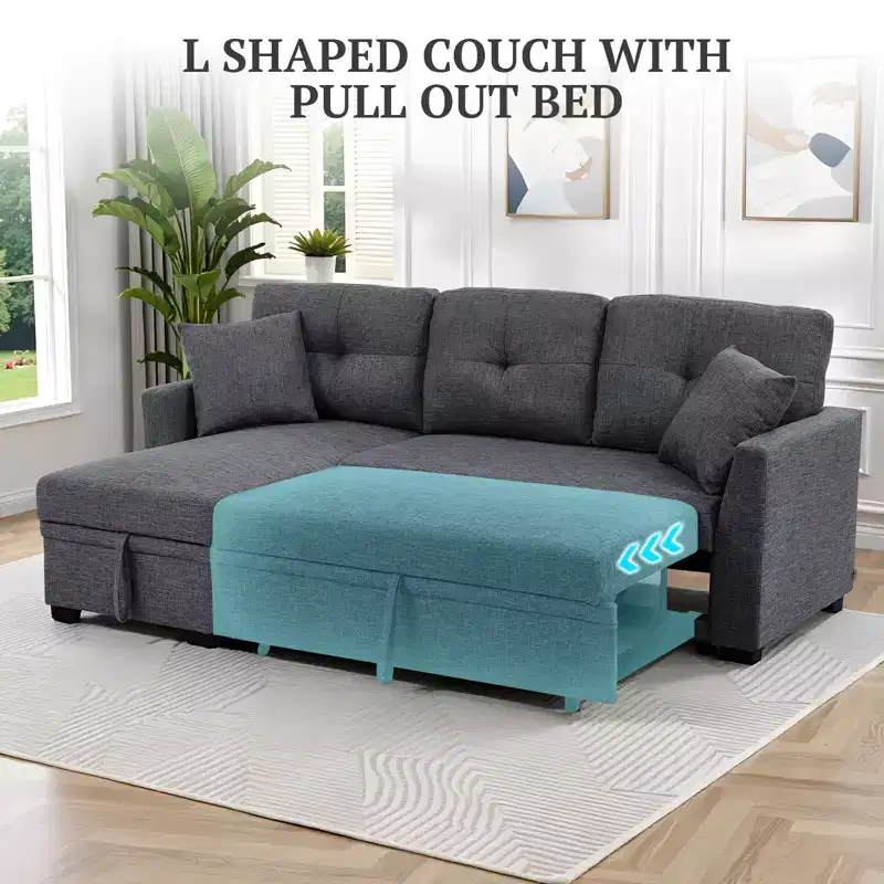 MooxvMoo 86 Modern Sleeper Sectional with Reversible Chaise, 3-Seater Convertible L-Shaped Sofa Bed, Pull-Out Couch in Linen-Like Fabric, Gray