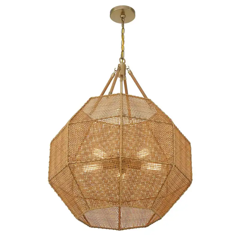 Selby 5-Light Pendant in Burnished Brass and Rattan