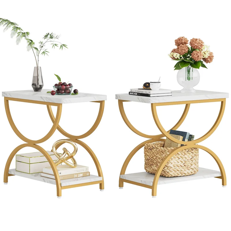 2-Tier Rectangular Wood Metal End Side Chairside Table