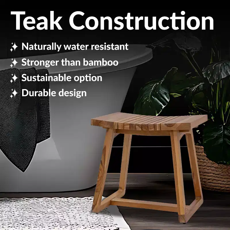 Sunnydaze 19 Solid Teak Wood Shower Bench with Ergonomic Curved Design