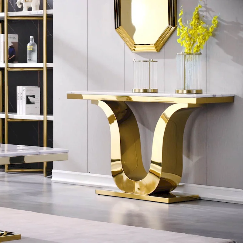 50 inch Luxury Console Table Rectangle Living Room White Sofa Entryway Table with Stainless Steel U Base