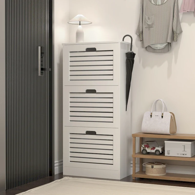3-Tier Flip Door Shoe Cabinet with Adjustable Shelves, White