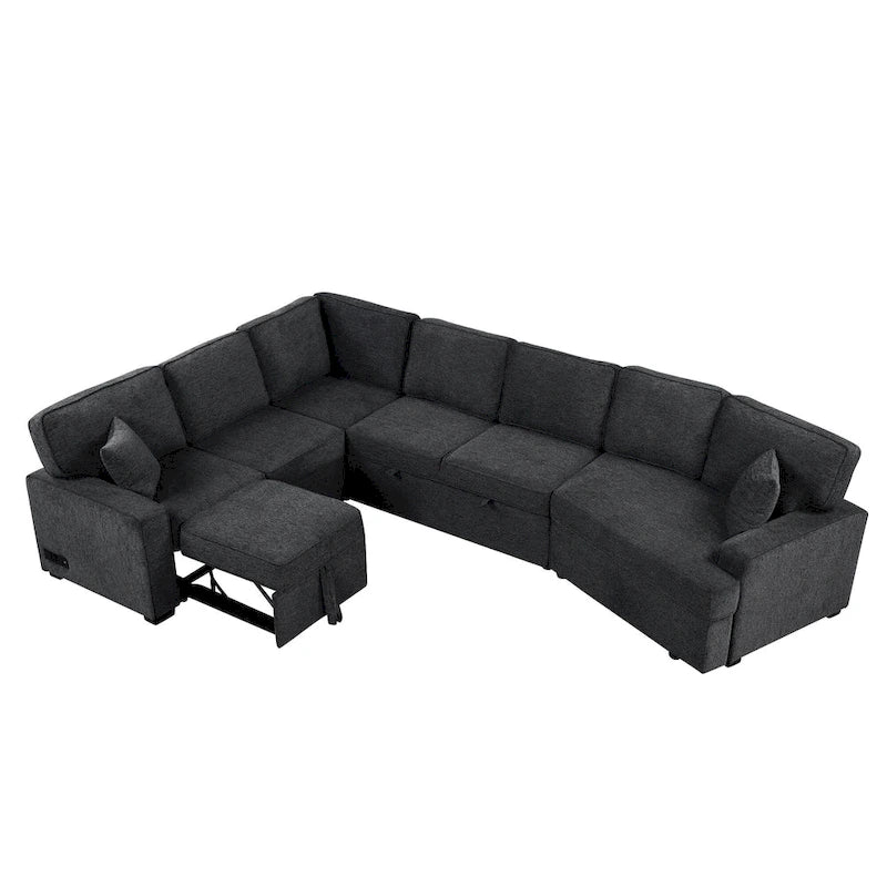 Black 126 L-Shaped 6-Seater Sofa with Pull-Out Bed and Cup Holders