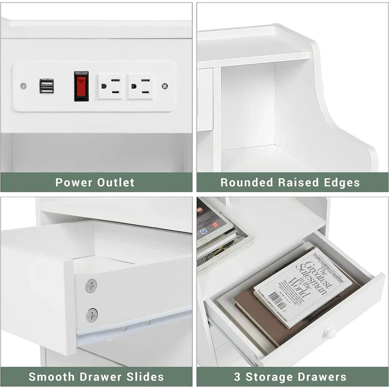 3-Drawer Nightstand with Built-in Charging Station and Open Shelf – White / Pink / Grey / Black, for 1 Person