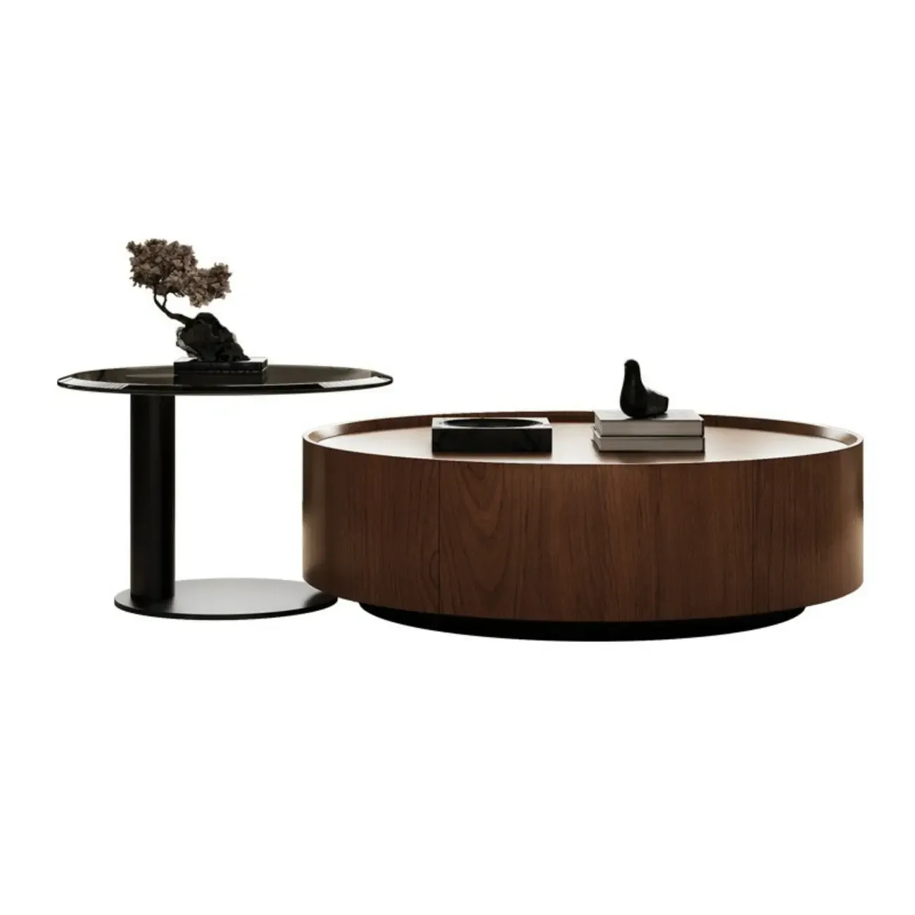 Modern Two-Part Glass Wood Round Coffee Table