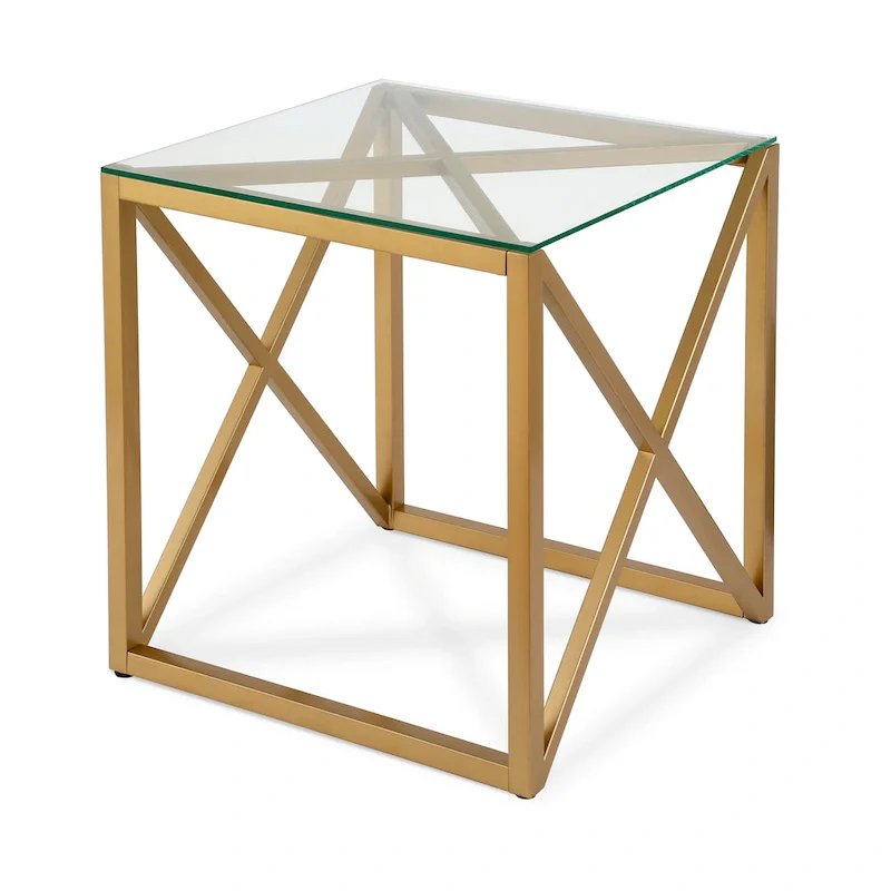 Geometric X-Base Metal & Glass Side Table in Golden Brass Finish