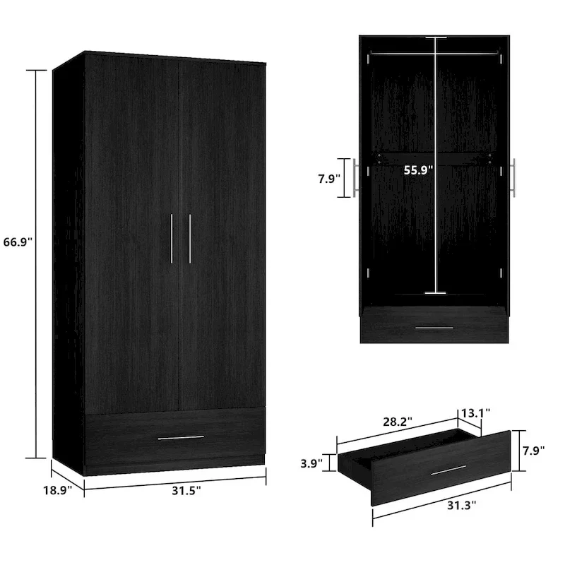 31.5W x 66.9H Wardrobe Armoire Cloest with Drawer In Black,White
