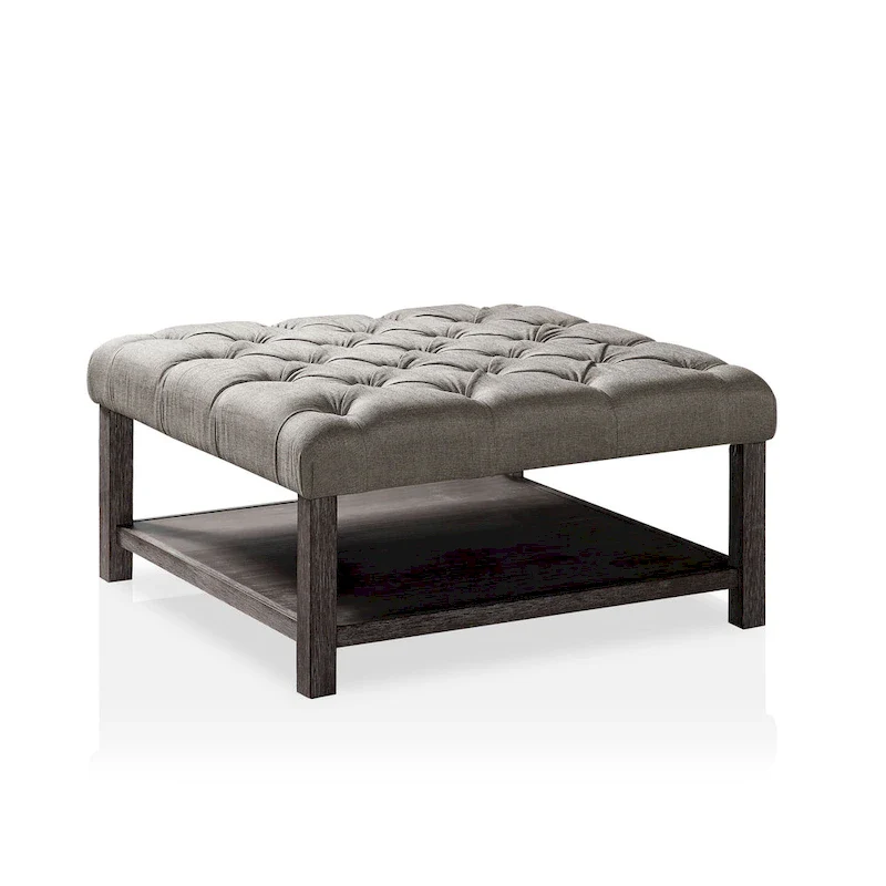 Belbeck Farmhouse Grey Fabric Tufted Square Cocktail Ottoman with Open-Shelf by Furniture of America