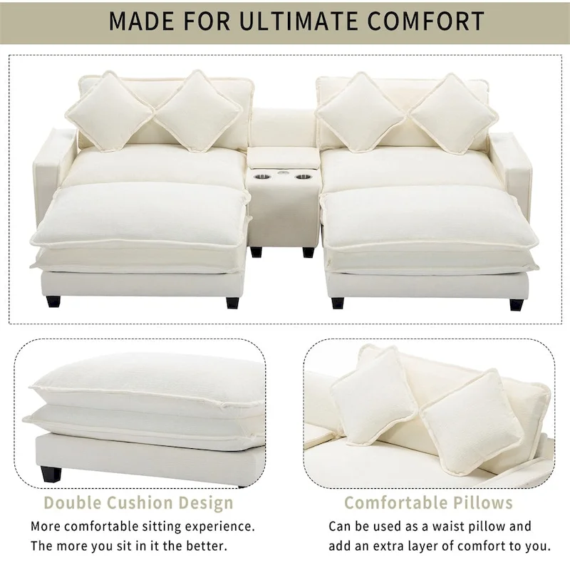 112.6 Chenille Upholstered Sectional Sofa with 2 Removable Ottoman