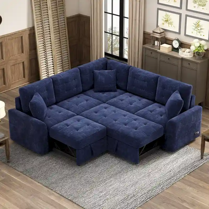 Blue 82.6 Convertible L-Shaped 5-Seat Sectional Sofa on Wheels, Featuring Pull-Out Bed, USB Ports, and Power Outlets