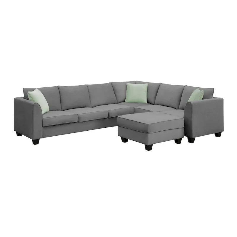 112-inch L-shaped 7-seat Modular Sectional Sofa with Ottoman and Three Pillows - 112W x 87D x 33H