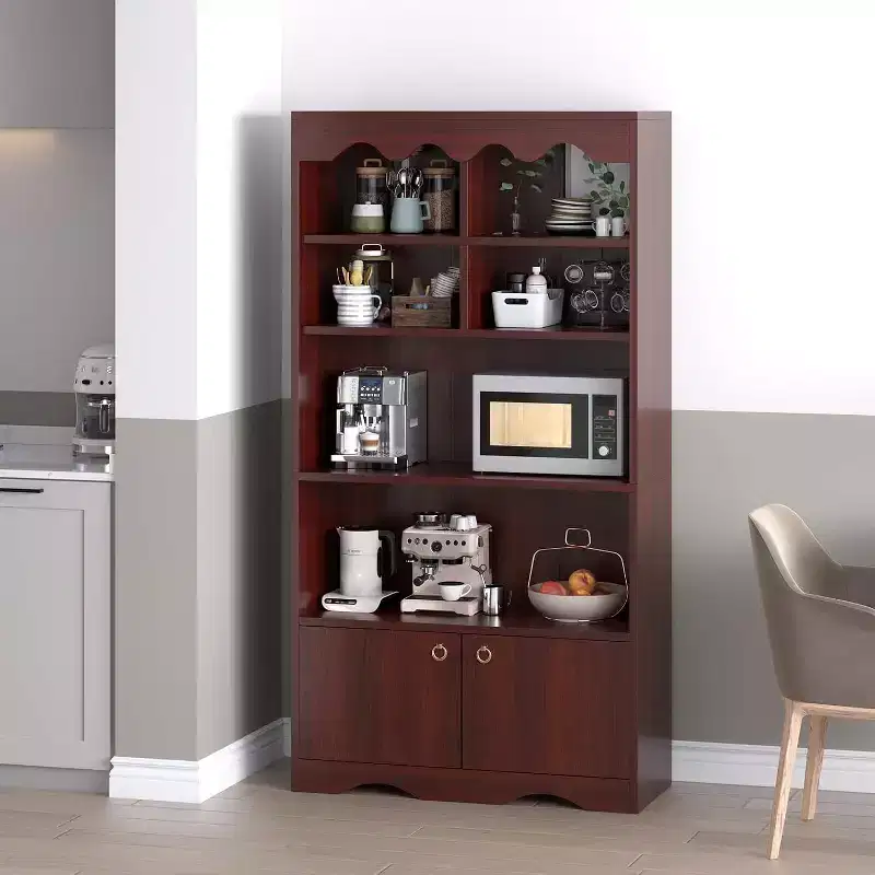 5 Tier Wooden Floor Standing Bookcase, 63 Inch High Display Storage Cabinet, Self Standing Bookcase, Home Office, Study Room, Kitchen
