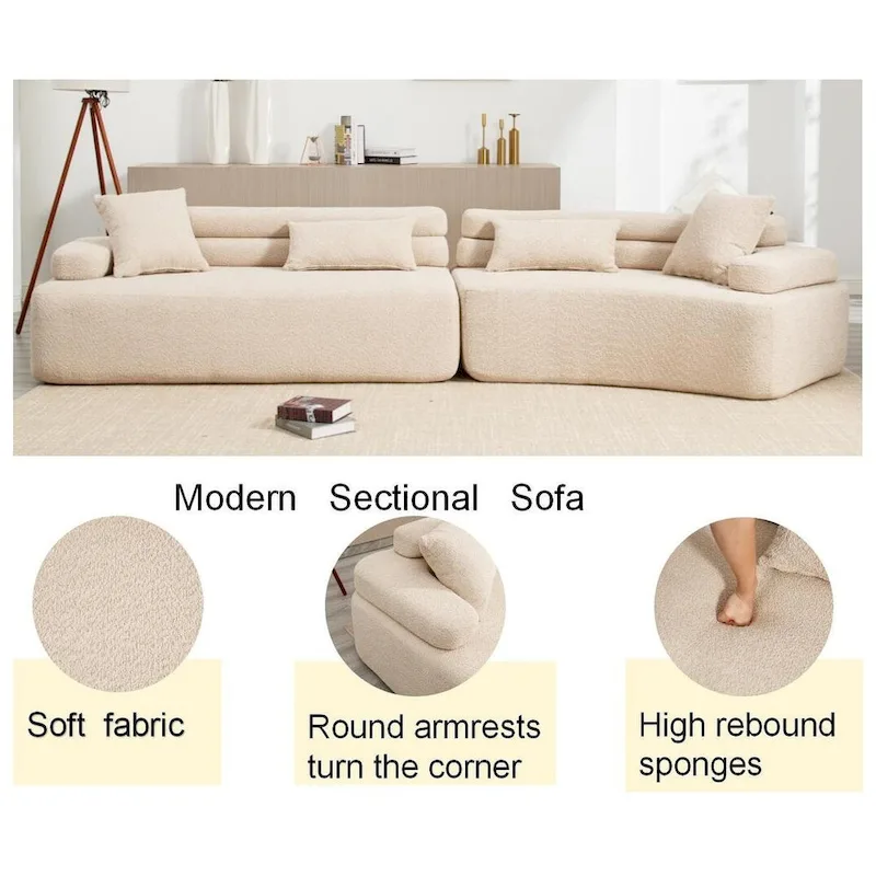 Modern Boucle 4-Seater Upholstered Sectional Sofa with 4 Pillows
