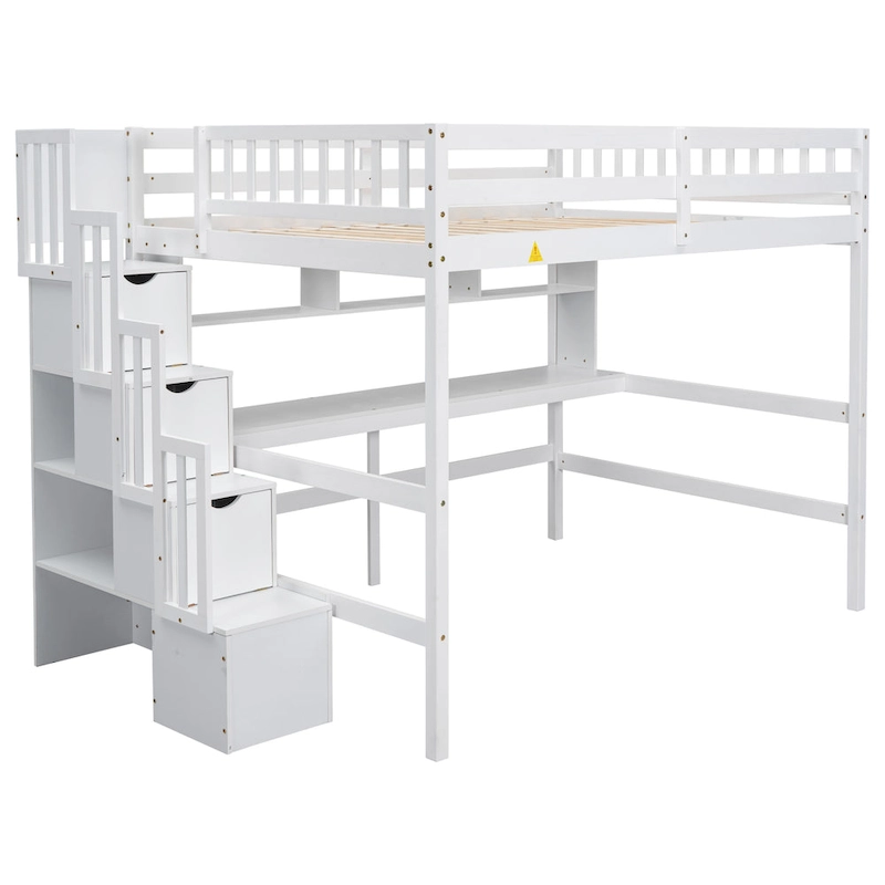 Full Size Loft Bed with Built-in Desk, Bookshelves and Storage Staircase