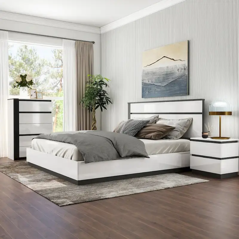 Modern 3-Piece White Solid Wood Platform Bedroom Furniture Set