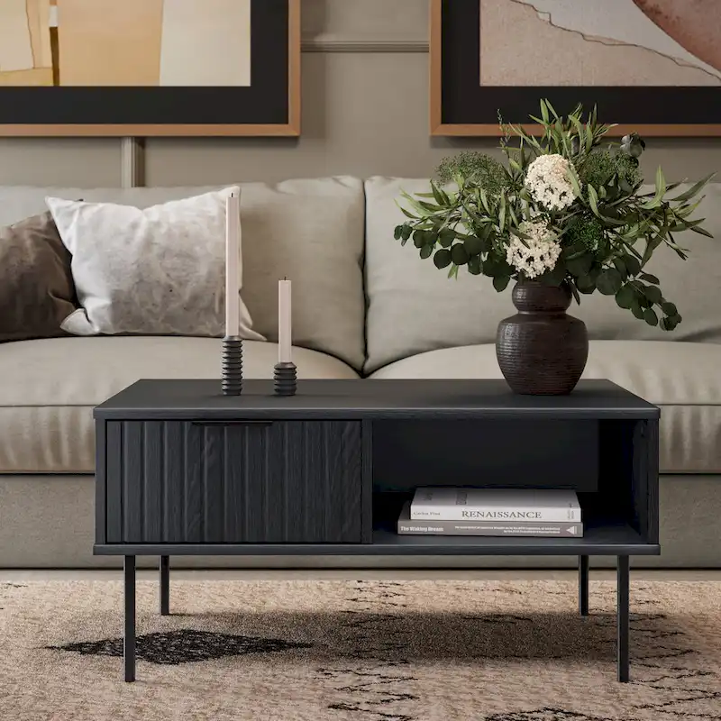 Black Fluted Coffee Table - Metal Legs with Drawer