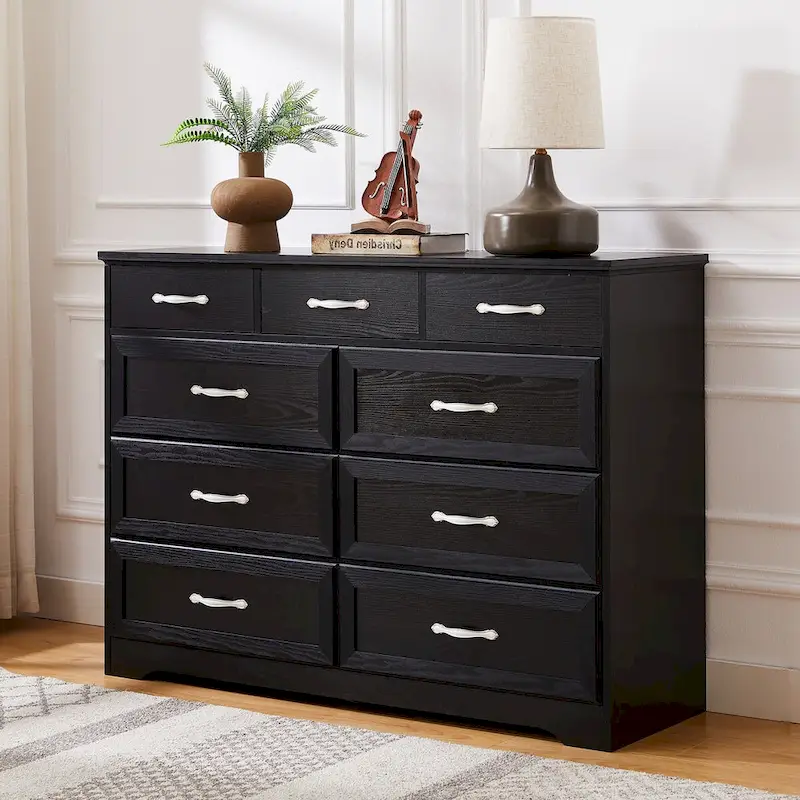 Bedroom dresser, 9 drawer long dresser with antique handles, wood chest of drawers for kids room, living room, entry and hallway