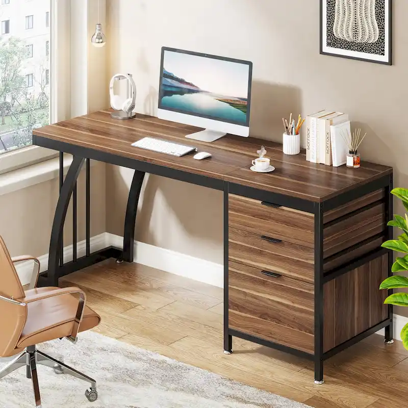 59-inch Wood/ Metal Computer Desk Writing Table with 3 Reversible Drawers