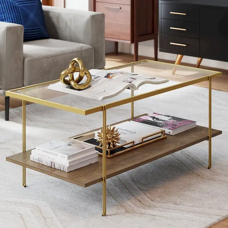 Mid-Century Coffee Table with Glass Top and Oak Shelf