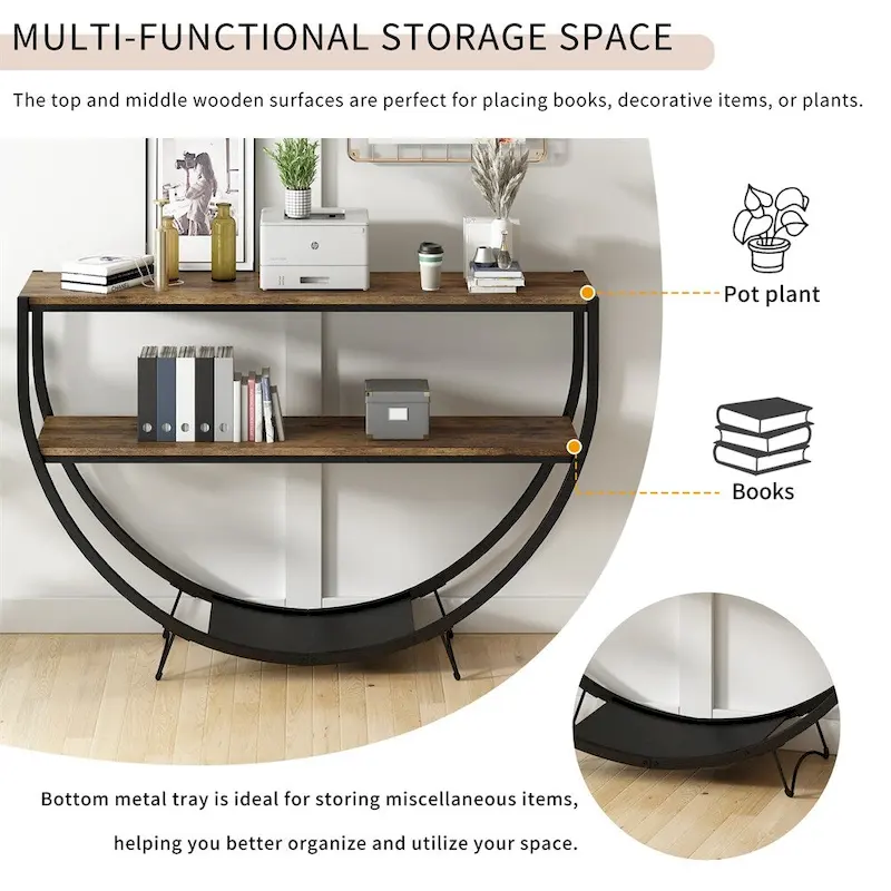 Rustic Demilune Shape Textured Metal Distressed Wood Console Table