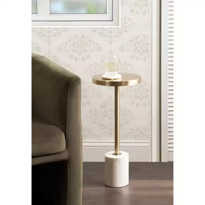 Kate and Laurel Hescott Metal and Marble Pedestal Table, White, 10x10x24