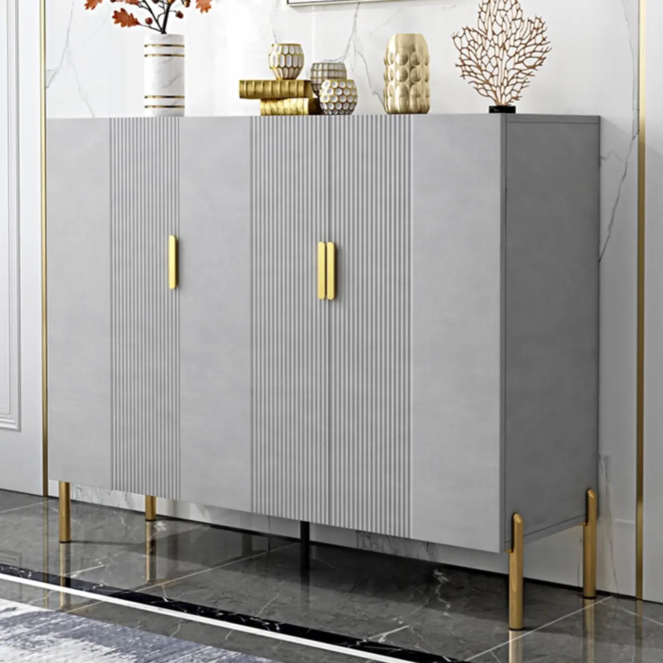 Hallway Wood White Shoe Storage Cabinet with Gold Legs