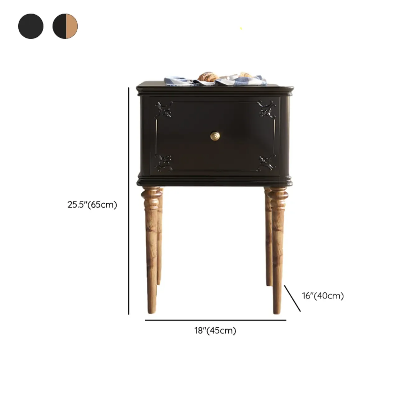 Traditional Black Wooden Carved Leggy Nightstand with Drawer