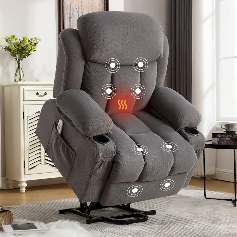 Grey Electric Power Lift Recliner Chair with Heating, Massage, USB Port, and Side Pockets, Equipped with Remote Control