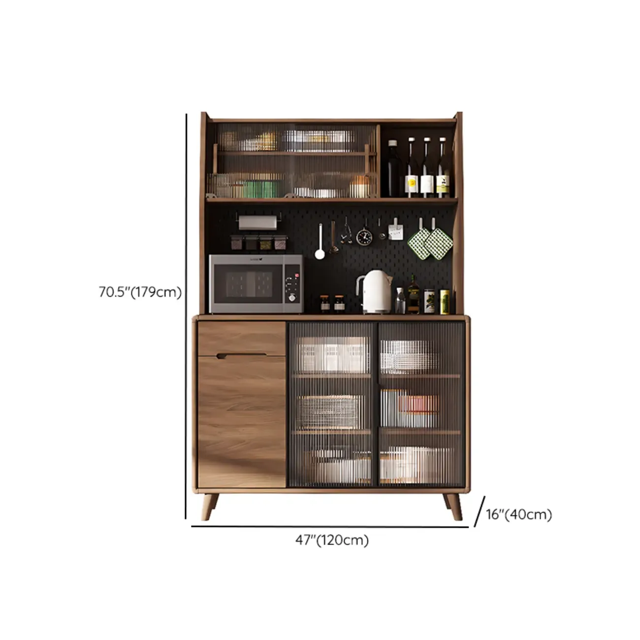 Kitchen Brown Wooden Hutch Top Sideboards with Pegboard Back