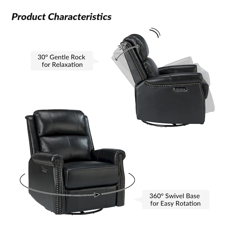 Renato Traditional Genuine Leather Nailhead Power Swivel Recliner Chair with Metal Base Set of 2 by HULALA HOME