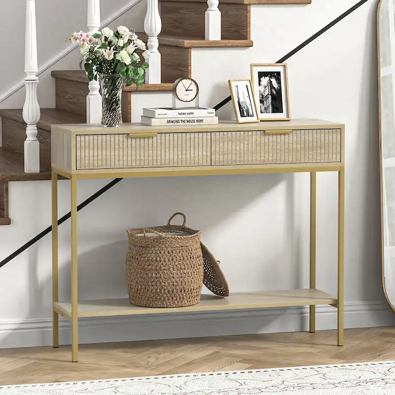 Anmytek Modern Console Table Narrow Long Console Entryway Table with 2 Drawers