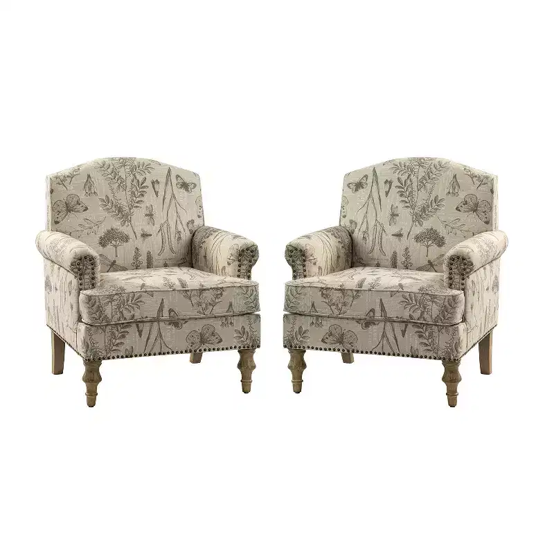 Set of 2 Yahweh Transitional Wooden Upholstered Armchair with Panel Arms and Camelback for Bedroom| ART OF LIVING DESIGNS