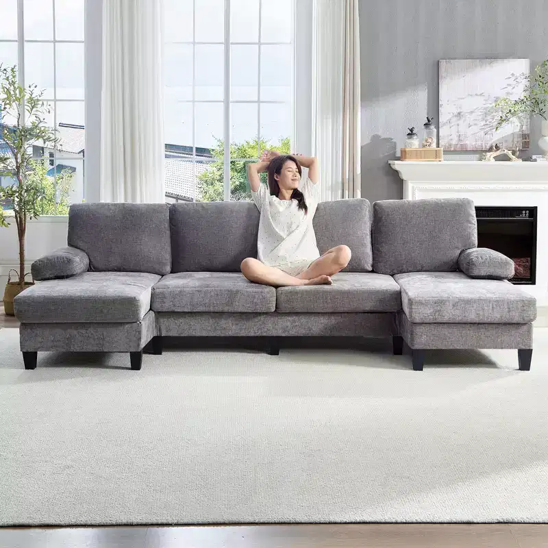 Mjkone 110U-Shaped Sectional Couches,Chenille Upholstered Large 4-Seater Sofa with Double Chaises and Sleepable Armrests