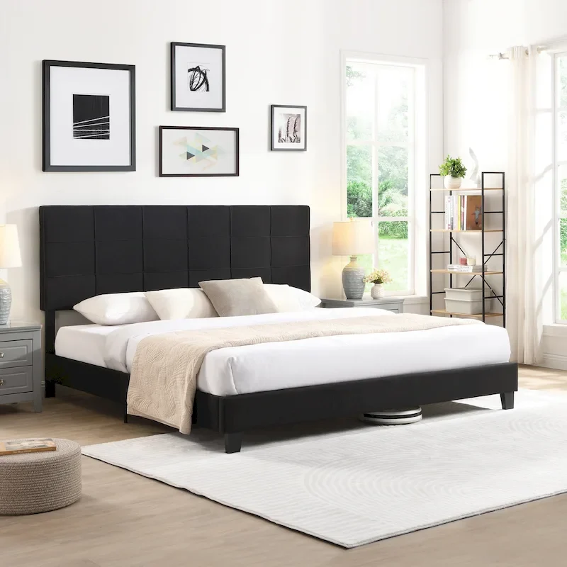 Black King Upholstered Platform Bed with Button Tufted Headboard and Wood Slats - No Box Spring Needed