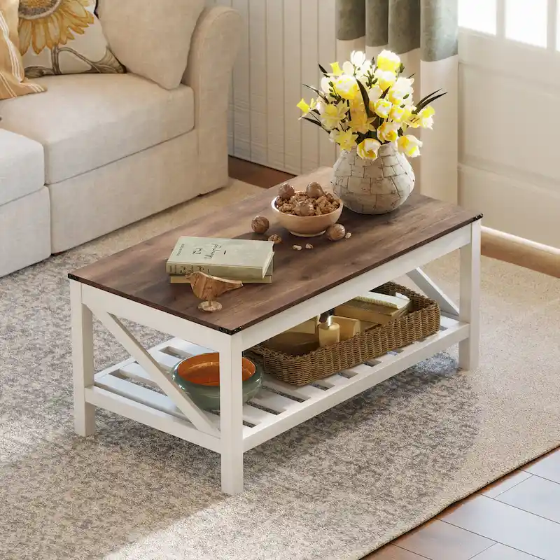 Pellebant 2-Tier Coffee Table Center Table Tea Table with Storage Shelf