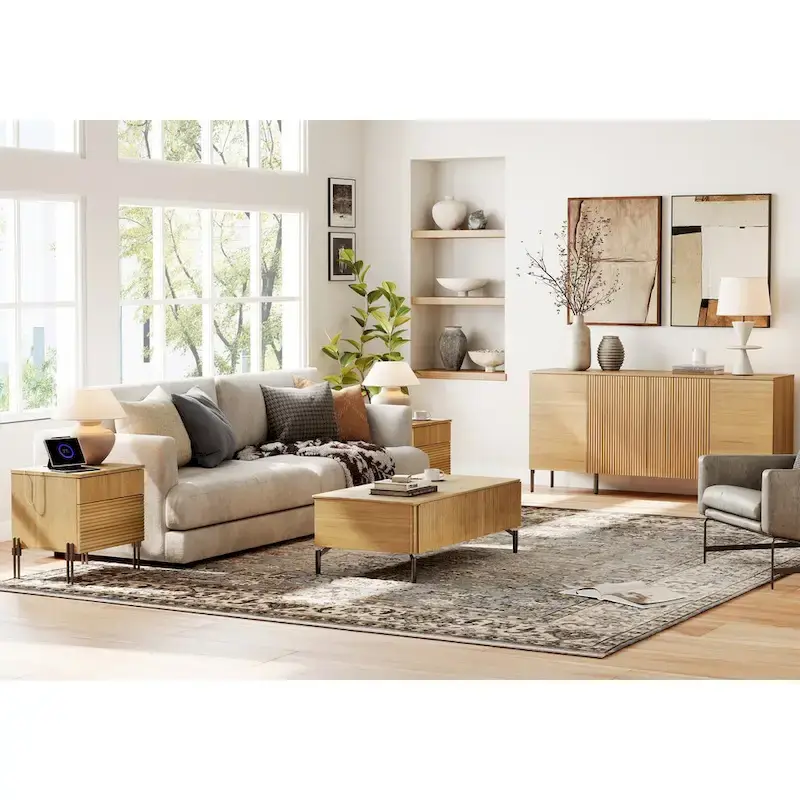 WAMPAT 3-Piece Modern Bedroom Set, 47 Fluted Dresser with 6 Drawers & 2 Nightstands with Charging Station, Oak