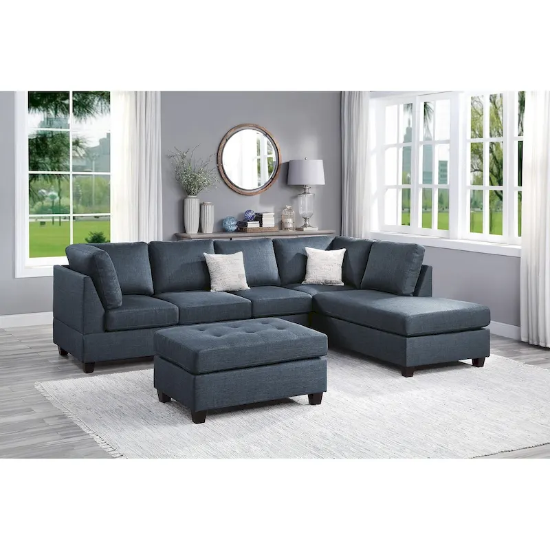 Poundex 3 Piece Fabric Sectional Sofa Set with Ottoman