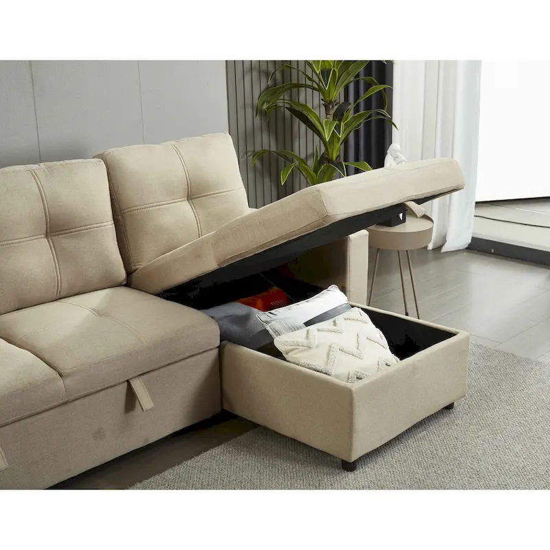 Linen Sectional Sofa Reversible Chaise with Pull out Sleeper