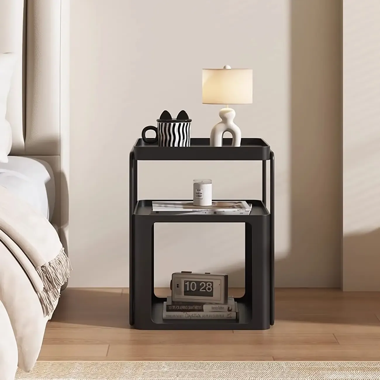 Modern Metal Storage Nightstand with Open Shelf
