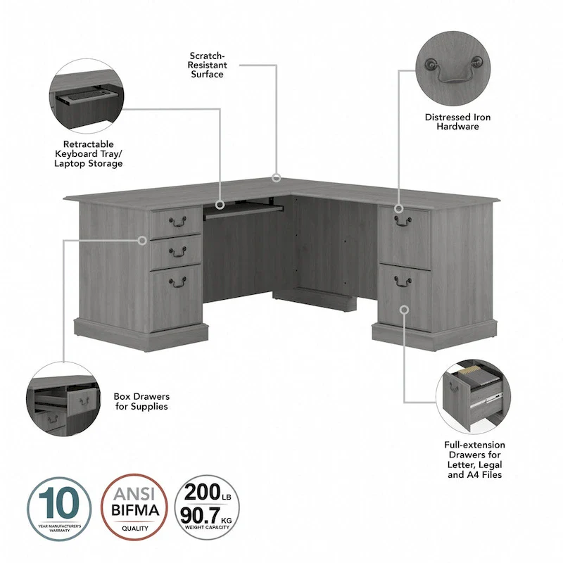 L-Shaped Computer Desk with Drawers, Cherry/Gray/White Oak, Traditional, Seats 1