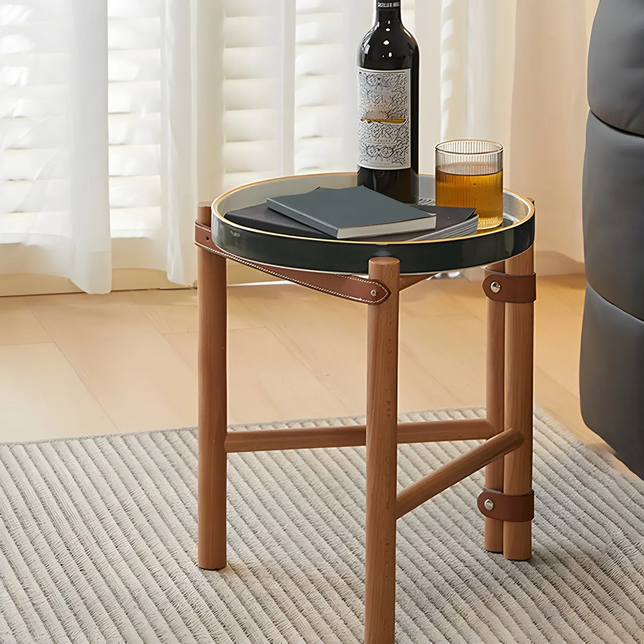 Scandinavian Round End Table with Ceramic Tray Top