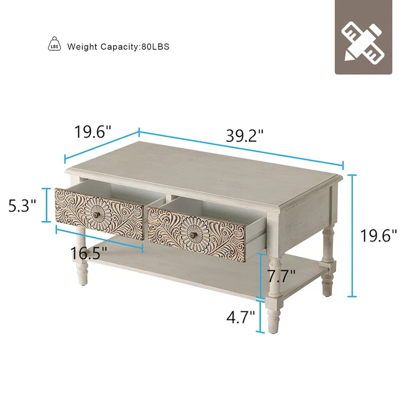 Rectangular Coffee Table, 2 Drawers & Open Shelf, MDF with Veneer, Flower Pattern, 39.2