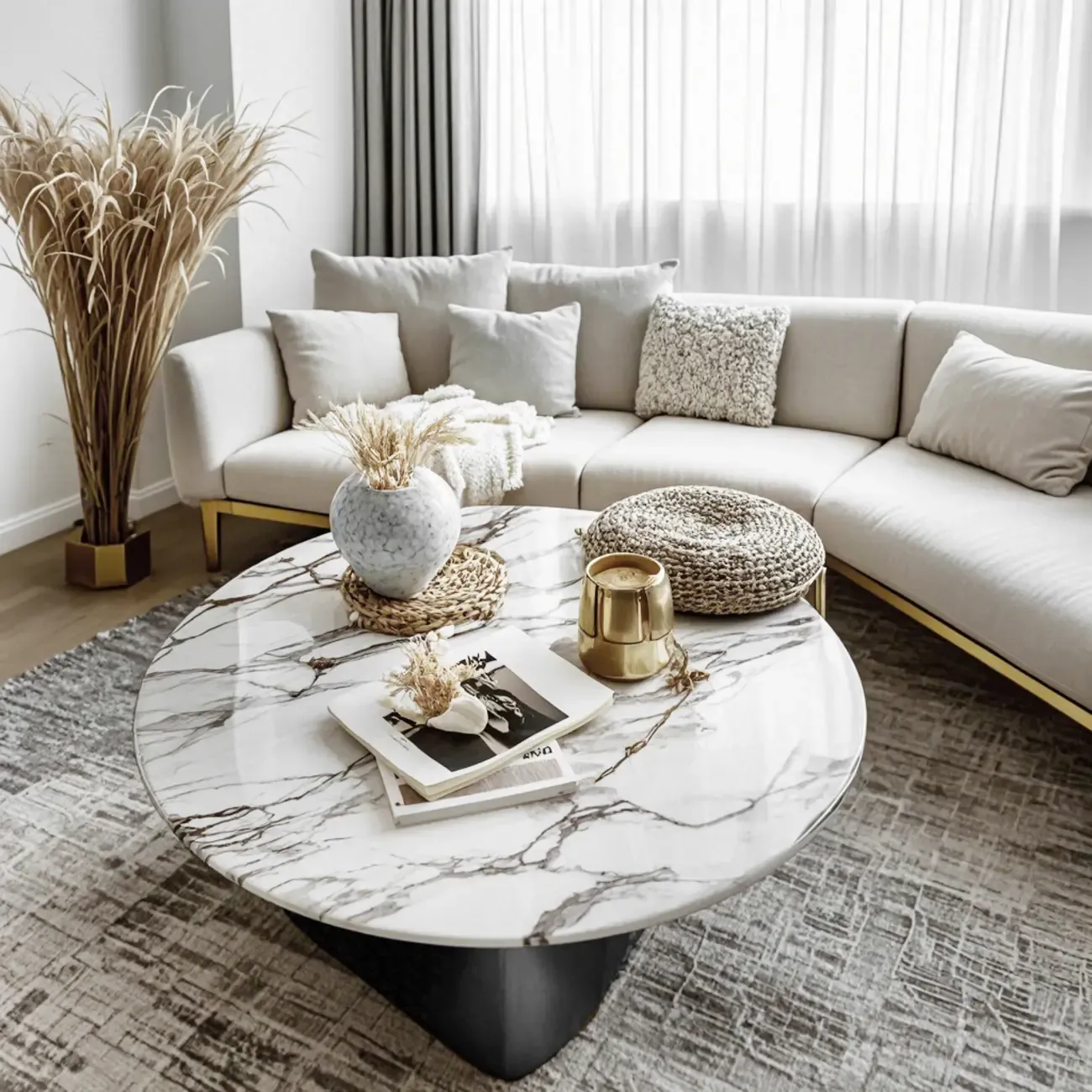 Elegant White Marble Round Wood Coffee Table