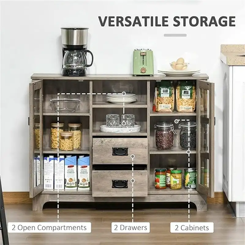 Grey / White / Walnut Sideboard Buffet Cabinet with Glass Doors & Adjustable Shelves