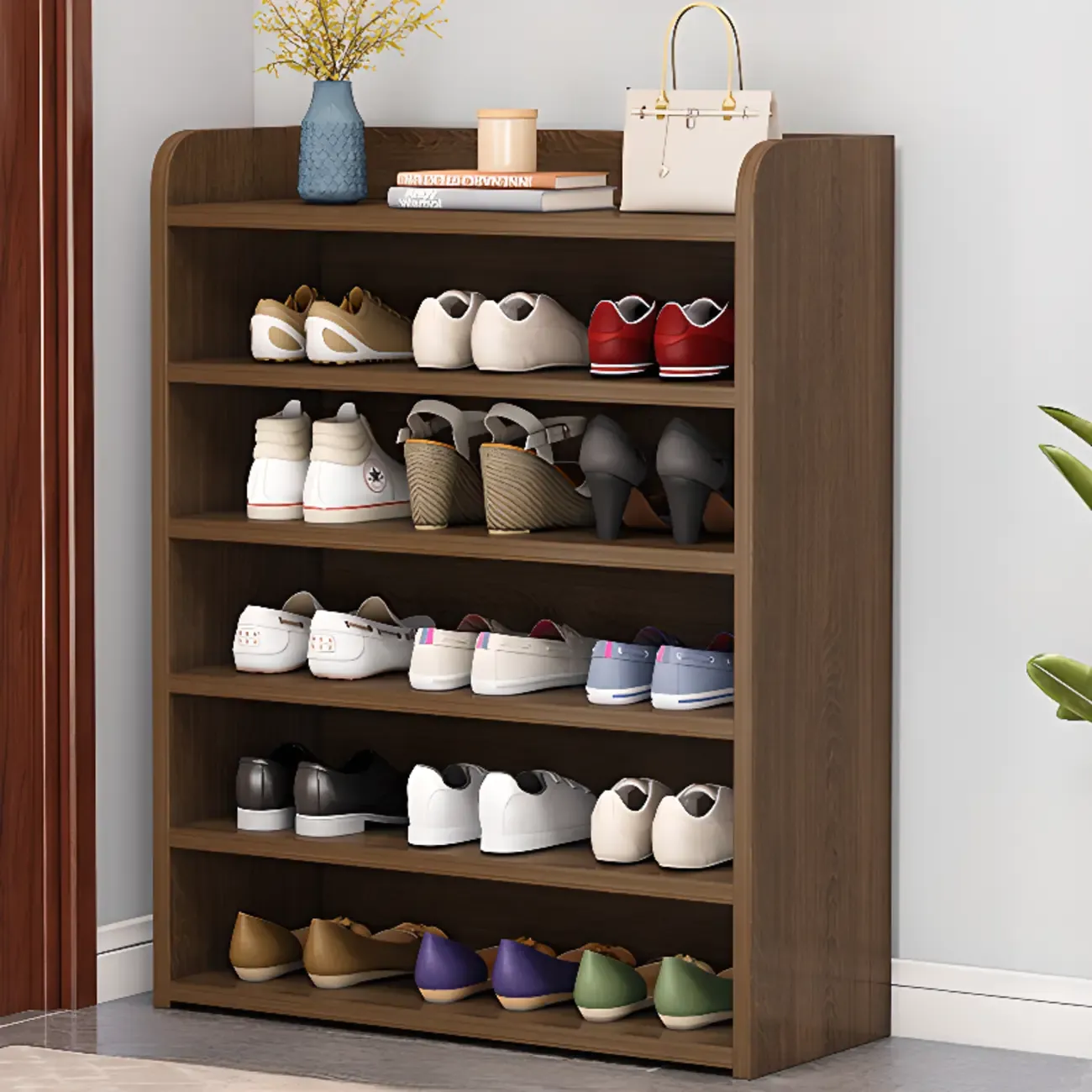 Vertical White Wooden Hallway 6-Tier Open Shoe Rack