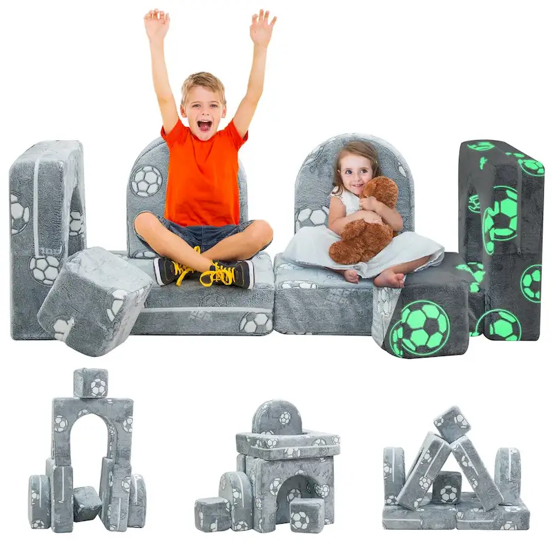 Mieres Modular Kids Sofa Couch, Modular Toddler Glow Sofa, Fold Out Play Couch for Kid with 2 Seats