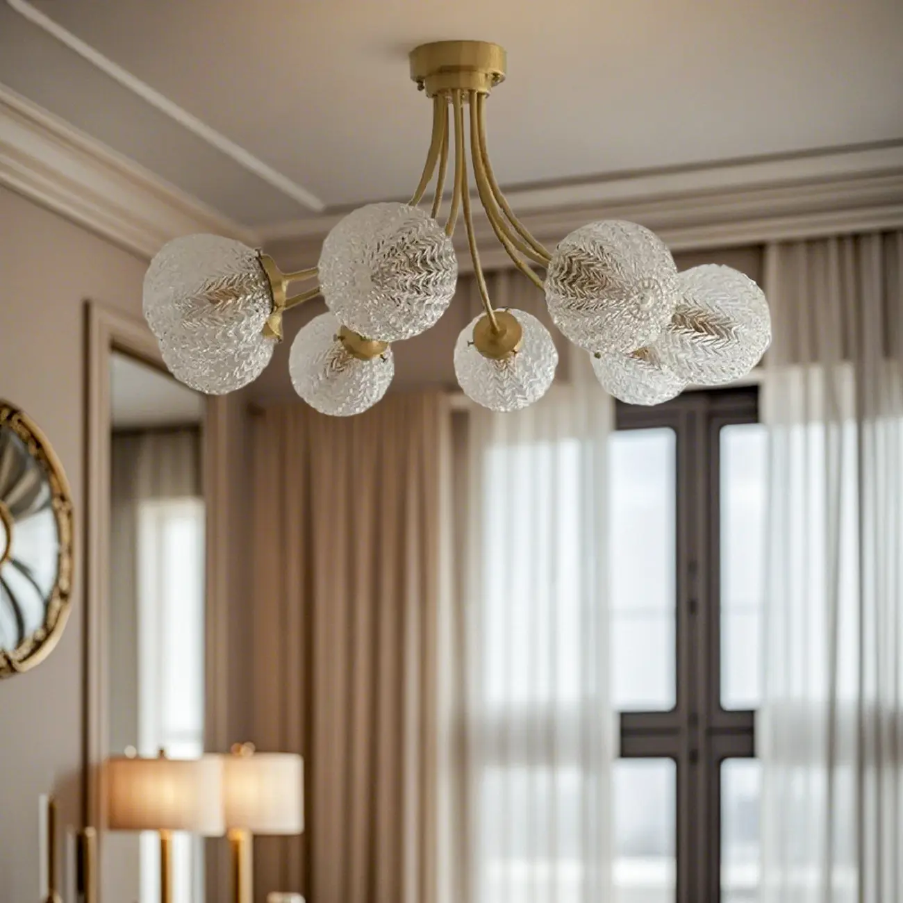 Elegant 6-Light Globe Glass Golden Semi Flush Ceiling Light